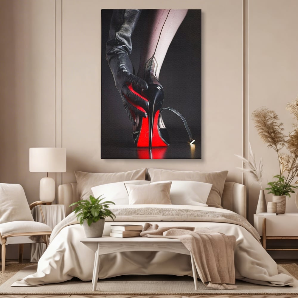 Tablou canvas cu tablou canvas cu pantof rosu si picior, fara rama, pe sasiu de lemn, pe perete intr-un dormitor